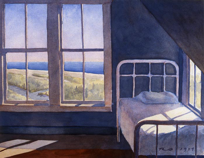 Robert Spellman watercolor of a Nantucket bedroom.