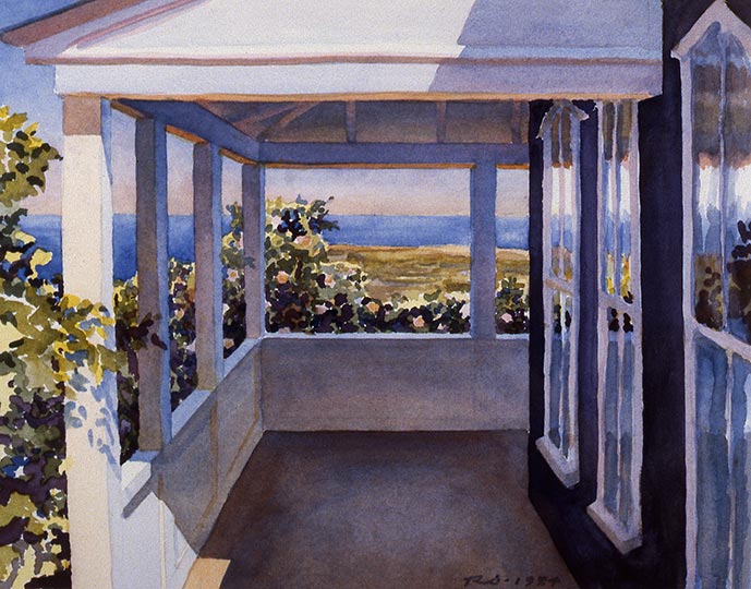 Robert Spellman watercolor of a Nantucket porch.