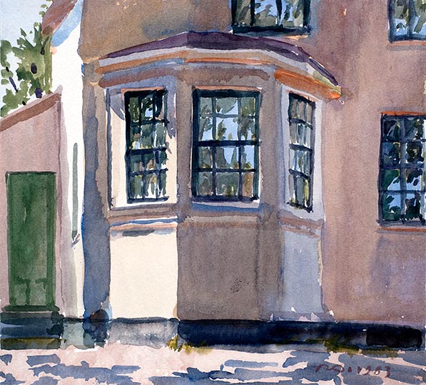 Robert Spellman watercolor of a bay window in Auburndale, Massachusetts.