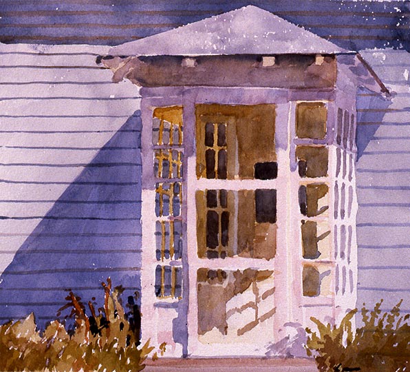 Robert Spellman watercolor of porch in Auburndale, Massachusetts.