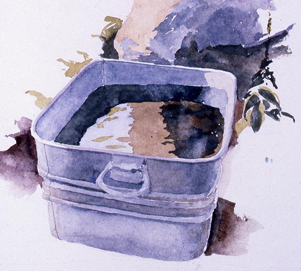 Robert Spellman watercolor of a galvanized metal tub with water.