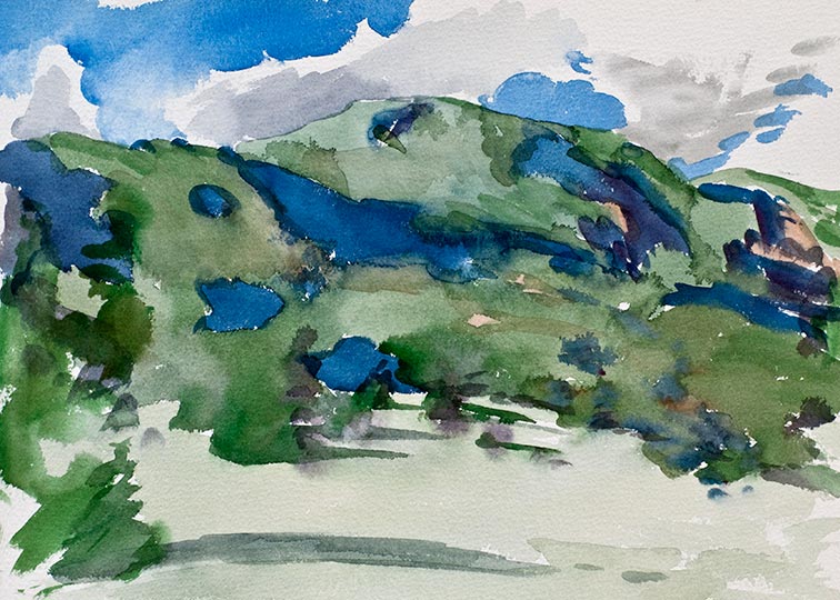 Robert Spellman Colorado Watercolor of a meadow at Dorje Khyung Dzong