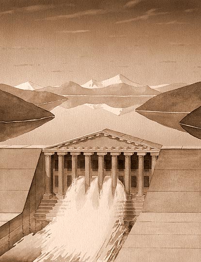 Robert Spellman watercolor illustration of a courthouse building doubling as a floodgate on a dam.