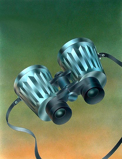 Robert Spellman watercolor illustration of galvanized garbage cans combined to look like binoculars.