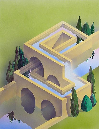 Robert Spellman watercolor illustration of an imaginary hydroelectric project inspired by M.C. Escher.