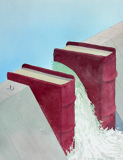 Robert Spellman watercolor illustration of law books acting as a hydroelectric dam spillway.