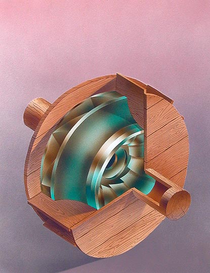 Robert Spellman watercolor illustration of a modern Francis hydroelectric turbine enclosed in a medieval wooden waterwheel.