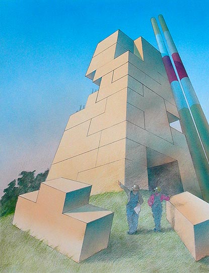 Robert Spellman watercolor illustration of an imaginary power plant under construction using toy wooden blocks