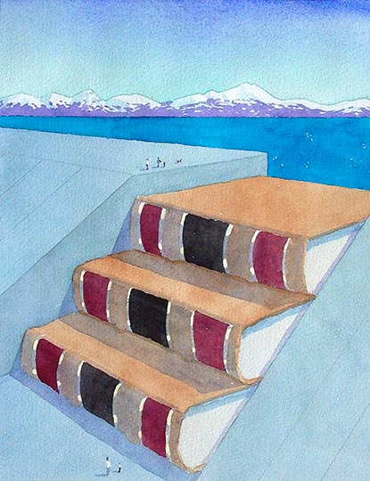 Watercolor illustration of law books doubling as a floodgate on a dam.