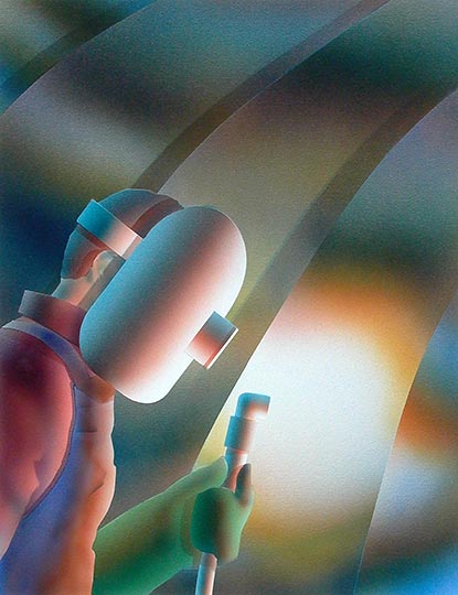 Watercolor illustration of a welder working on a gleaming metallic turbine.